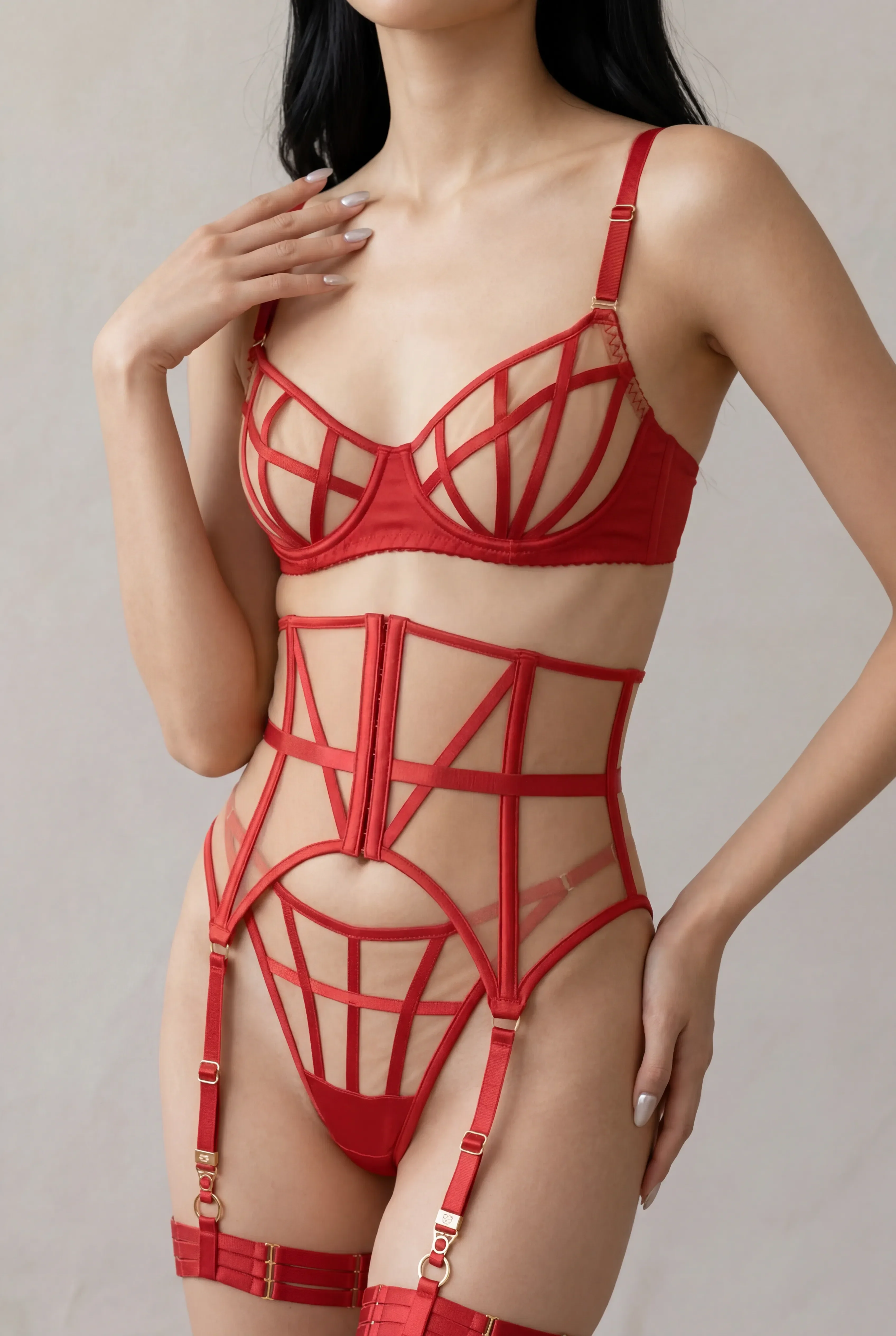 Ensemble lingerie pour femme cinq pièces - OPHELIA Rouge - Image 5